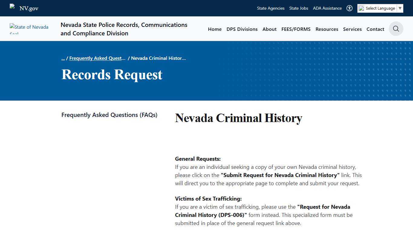 Nevada Criminal History Records Request
